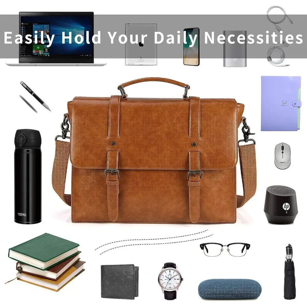 Men's Brown Leather Waterproof Messenger bag 15.6 Inch